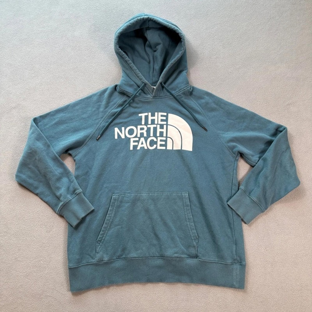 The North Face Womens M Teal Blue Half Dome Logo Pullover Hoodie Sweatshirt
